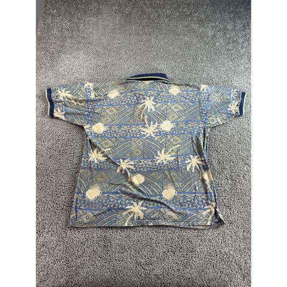 VINTAGE Hibiscus Hawaiian Shirt Mens Large Green Blue Floral Aztec Polo FLAW - Picture 8 of 12